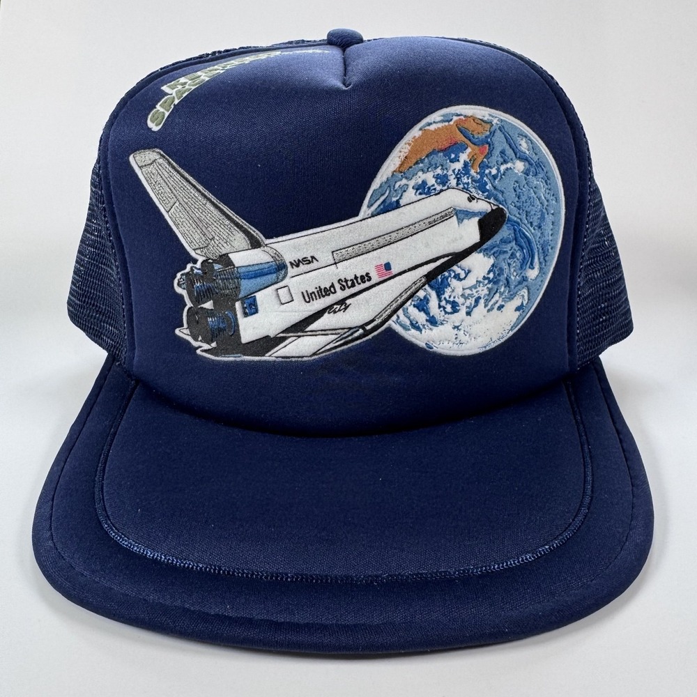 Vtg NASA Kennedy Space Center Trucker Hat Foam Snapback Space Shuttle Worm logo
